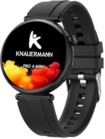 Knauermann PRO 4 MINI (2026) Rund Schwarz - EKG Gesundheitsuhr Blutdruck, Puls und Blutsauerstoff Messung, Schlafanalyse, Telefonie, IP67, Silikon Schwarz