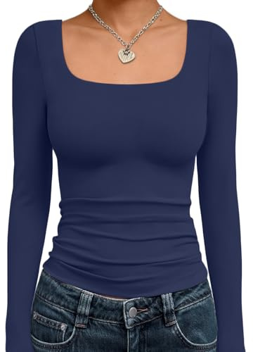 Trendy Queen Womens Long Sleeve Shirts Crop Tops Fall Fashion 2025 Square Neck Going Out Basics Tees Y2k Clothes, Navy Blue, XS