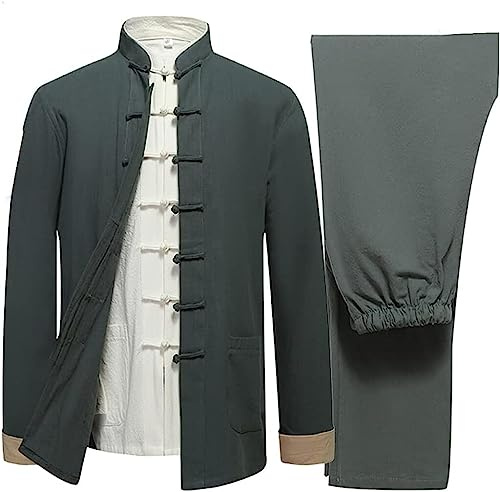 OIFAODAO, Uniforme Tai Chi en Coton et Lin for Hommes, vêtements Traditionnels Chinois à Manches Longues, Costume Tang Hanfu, d'arts Martiaux for Personnes âgées,Tenues de Tai-chi(Grün,M L)