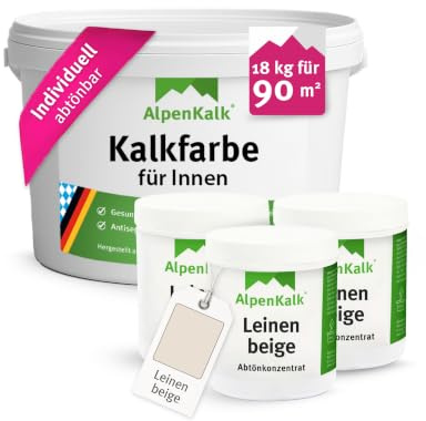 AlpenKalk Leinen-Beige Kalkfarbe für Innenräume I 18 kg inkl. 3 Dosen Pigmente für ca. 90m² I Atmungsaktiv & Anti-Schimmel Formel für ein natürliches Raumklima I Für Allergiker & Kinder