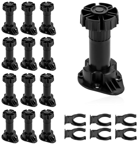 NYHWBI 12 Pcs Adjustable Kitchen Cabinet Legs, Furniture Cupboard Leg with Plinth Clips Black Plastic Cabinets Adjustable Height Furniture Feet 80-120 mm
