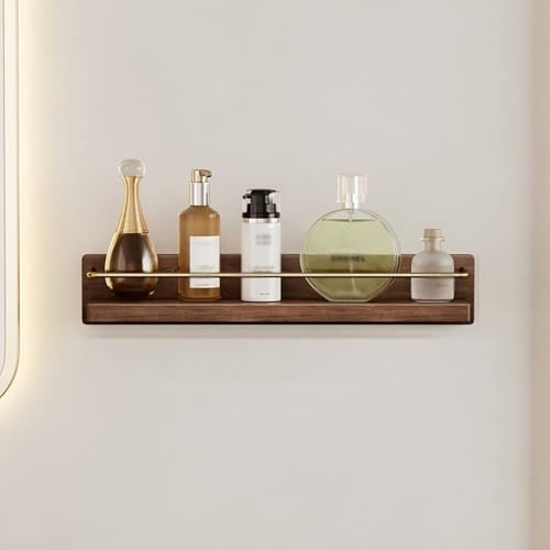 Étagère de douche murale en bois de noyer massif sans perçage, étagère flottante perforée pour salle de bain, cuisine, chambre à coucher, rangement avec crochets pour serviettes, cosmétiques, papier