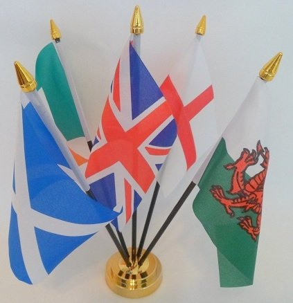 Union Jack United Kingdom England Scotland Ireland Wales 5 Flag Centre Table Desktop Display With Gold Base