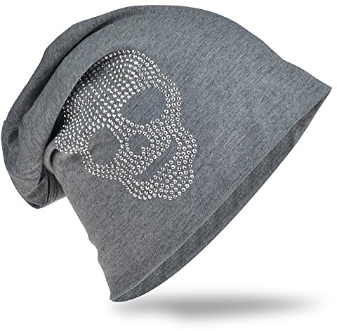 Miobo Slouch Beanie Mütze, Long, Totenkopf Motiv, Herren Damen,StrassTK-Dunkelgrau