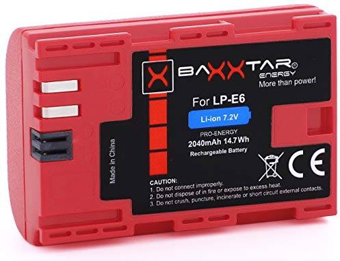 Baxxtar LP-E6 Batterie 2250mAh 16,2Wh 7,2V Compatible avec Canon EOS 5D Mark II III IV 5DS R R5 6D 7D 60D 60Da 70D 80D 90D XC10 XC15 5 6 7 60 70 80 90 D XC 10 15 WFT-E5 E7 LPE6 LP E6
