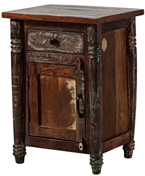 MASSIVMOEBEL24.DE Nachttisch Fable aus Altholz, Nachtschrank Vintage aus Massivholz mit 1 Schublade und 1 Tür