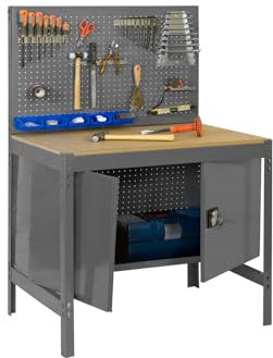 Simon Rack Banco de Trabajo Taller, Capacidad Carga 600 kg, 1445x1210x610 mm, Mesa de Trabajo, Guarda Herramientas, Gris/Madera - BT2