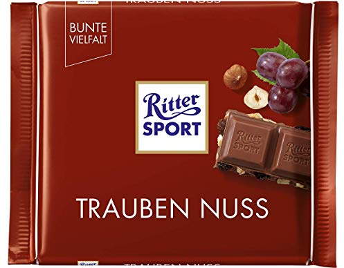 RITTER SPORT Trauben Nuss, 100 g, Vollmilchschokolade gefüllt mit handverlesenen Weintrauben und knackigen Haselnüssen, schokoladiger Genuss für jeden Tag