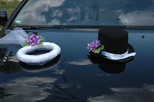 Schleier UND Hut Autoschmuck Rose Car Dekoration Hochzeit Wedding ®Auto-schmuck (Lila)