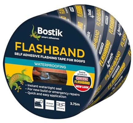 Bostik Flashband Self Adhesive Flashing Tape for Roofs, Provides an Instant Watertight Seal, Colour: Grey, 150mm x 3.75m Complete With Primer