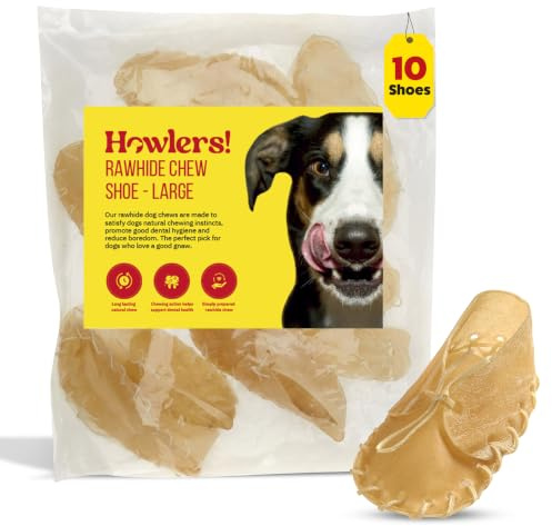 Howlers Natural Rawhide Dog Chew Shoes, 20 cm, Pack of 10 | Long-lasting chew, Helps reduce boredom, Encourages chewing habits, Keeps pets occupied, Ideal for daily enrichment