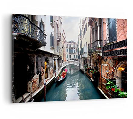 Bilder auf Leinwand 100x70cm Leinwandbild Boot Brücke Tourismus Venedig Groß Wanddeko Bild Schlafzimmer Küche Deko Wandbilder Dekoration Wohnzimmer Wall Decor Canvas Wand Kunstdruck Art AA100x70-2157