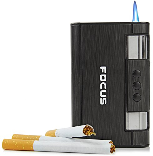Zigaretten-Etui Feuer-Zeug 2 in 1 Box Schwarz Zigaretten-Schachtel Kippen Lighter Brenner Schieber Sturm-Feuerzeug Zigaretten-Schutz Wieder-Auffüllbar 8 Zigaretten