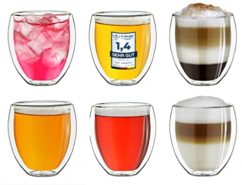 Creano doppelwandige Gläser 400ml „DG-Bauchig“, 6er Set, großes Thermoglas doppelwandig aus Borosilikatglas, Kaffeegläser, Teegläser, Latte Gläser, Doppelwandgläser