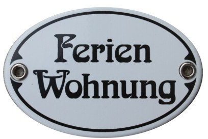 Türschild Ferien Wohnung Emaille Schild Jugendstil 7 x 10,5 cm Emailschild weiß (ohne Holzrahmen)