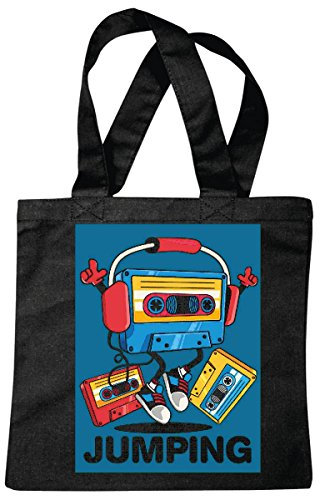 Tasche Umhängetasche JUMPING MUSIKKASSETTE KASSETTENREKORDER RETRO KOPFHÖRER DJ TECHNO JAZZ FUNKY SOUL TRANCE FESTIVAL HOUSE HIPHOP HIP HOP DJ Einkaufstasche Schulbeutel Turnbeutel in Schwarz