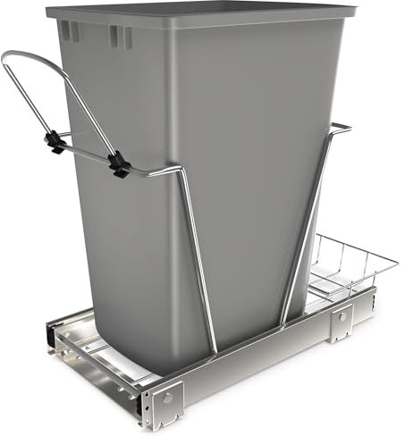 Rev-A-Shelf Pullout Trash Can for Kitchen Cabinets 35 Qt Garbage Waste Recycling Bin w/Full Extension Slide, Metallic Silver, RV-12KD-17C S