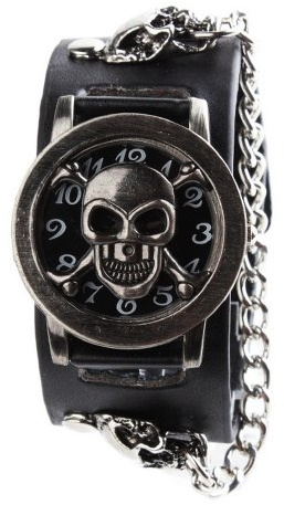 Uniquebella - Orologio da polso al quarzo da uomo, stile gotico punk, cinturino in pelle retrò con scheletro teschio, unisex, orologio da polso con braccialetto, nero, #1