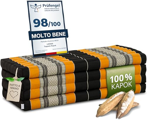 livasia Nachhaltige Klappmatratze aus Kapok - 200x110x8cm - breite Gästematratze, Faltbare Matratze, ökologische Yogamatte, klappbares Gästebett, Liege für Garten und Balkon (Schwarz/Orange)