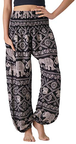 B BANGKOK PANTS Damen Harem Women Boho Hippie Pants with Pockets Loose Flowy Yoga-Hose, Schwarzer Elefant, Einheitsgröße
