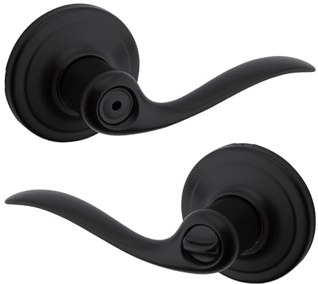 Kwikset Tustin Interior Privacy Door Handle with Lock, Door Lever For Bathroom and Bedroom, Matte Black Reversible Keyless Push Button Lock Door Lever, with Microban Protection
