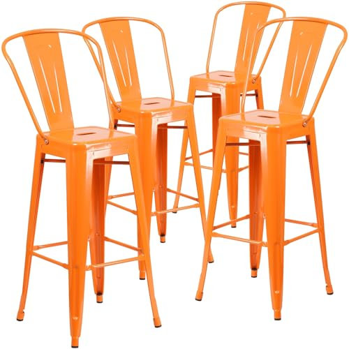 Flash Furniture Lily Barhocker mit Abnehmbarer Rückenlehne, Metall, für drinnen und draußen, 76,2 cm hoch, Orange, 4 Stück