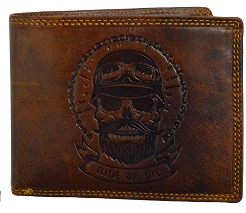 flevado Herren Biker Börse Geldbörse Totenkopf mit Aufschrift RFID Schutz Querformat (braun)