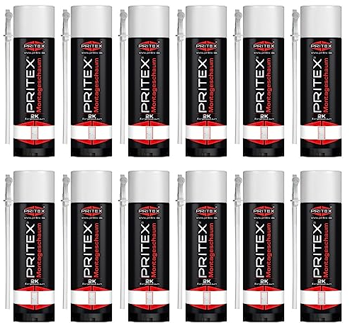 PRITEX – 2K Montageschaum 12 x 400 ml inkl. Aussprührohr – Bauschaum zum Verfüllen, Dämmen & Abdichten – Zargenschaum zur Montage von Türzargen, Fensterrahmen & Holztürfuttern
