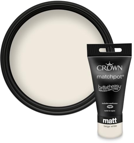 Crown WALLS & CEILINGS Beige White Matt Paint Tester Pot - Sample 40ml | Try Beige White before you buy. See the true colour on your wall, in your own light. Low VOC, low odour, breatheasy