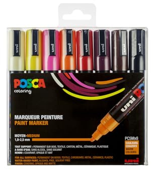 uni-ball POSCA (182517) Marker mit mittelfeiner Rundspitze, 8er Set, warme Farben