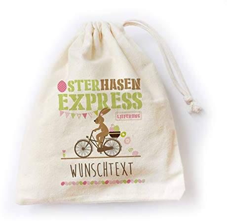 Herz & Heim® Geschenksack zu Ostern 14 cm x 20 cm (B/H) personalisiert mit Wunschnamen (Osterhasen Express)