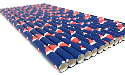Premium Paper Straws [Pack of 25 Drinking Straws] by Picture Perfect Party (Navy with Red Santa Hats)