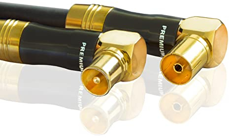 Premium X 10m Gold-Line TV Antennenkabel Schwarz Koax-Anschluss IEC Stecker - IEC Buchse 90° gewinkelt Metallgehäuse