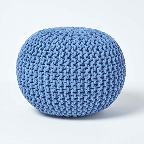 Homescapes Pouf Strickpouf rundes Bodenkissen, Sitzpouf 35 x 40 cm, gepolsterter Sitzhocker, Sitzpuff/Puff mit grob gestricktem Bezug aus 100% Baumwolle, Strickpuff, blau