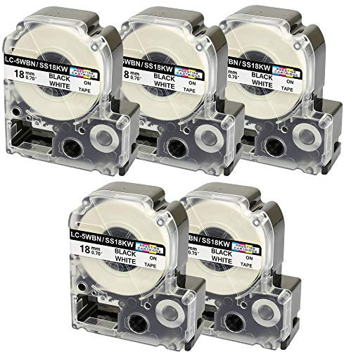 5 Kassetten LC-5WBN LC-5WBN9 SS18KW schwarz auf weiß 18mm x 8m Schriftband kompatibel für Epson LabelWorks LW-300 LW-300L LW-400 LW-500 LW-600P LW-700 LW-900P LW-1000P Beschriftungsgerät