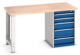 cubio Werkbank mit Schubladenschrank, 5 Schubladen, Fuß, Rotbuche-Platte