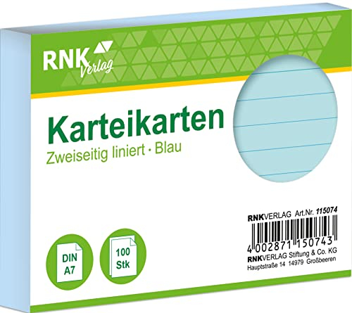 RNKVERLAG 115074 – Karteikarten liniert 7 mm, blau, DIN A7, 1 Packung à 100 Karten