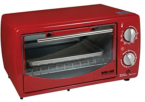Better Chef Basic Toaster Oven | 4-Slice | 60-Minute Timer | Slide Out Rack | Bake Tray | Broil (Red)