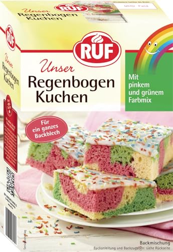 RUF Regenbogen-Kuchen, bunter Blechkuchen mit hellem Rührteig, in pink und grün mit Glasur und bunten Zuckerstreuseln, schneller Kuchen für Kinder-Geburtstag