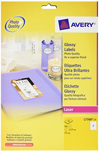 Avery España L7760-25 CD-Etiketten, glänzend, 2 Etiketten pro Blatt, Durchmesser 117 mm, Weiß, 25 Stück