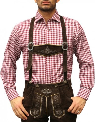 German Wear Trachtenhemd für Trachlederhosen Trachtenmode Beere/karo, Hemdgröße:4XL
