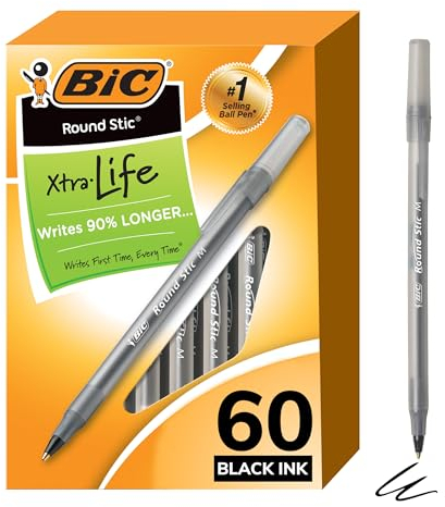 Bic Stic Xtra Life. Bolígrafo redondo, punta mediana, color negro 60 count