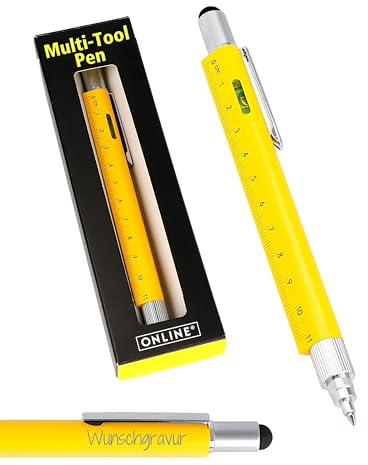 Online Männer Geschenk Stift 6-in-1 mit persönlicher Namens-Gravur Gelb I Multitool Stift personalisiert I Multifunktions-Kugelschreiber und Werkzeug I Geschenk für Papa, Mama, Handwerker