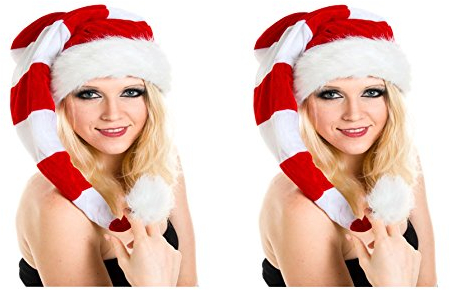 Ciffre 2 er Set Lange Weihnachtsmütze Nikolausmütze Weiß Rot Gestreift Plüsch Rand Nikolaus Mütze X24