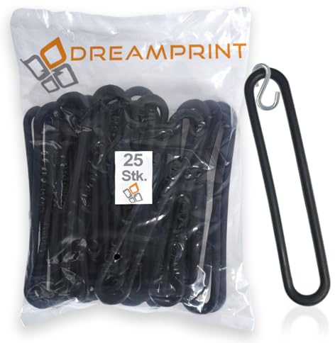Dreamprint Gummispannringe (25 Stück, 250mm, Ø8mm) + 25 x S-Haken - Spanngummi in Schwarz für Anhängerplanen - Gummiring, Spannring, Gummiband, Planenspanner - Ideal für KFZ, Boote, Markisen & Co