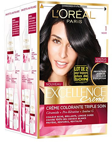 L'Oréal Paris - Excellence Crème - Coloration Permanente Triple Soin 100% Couverture Cheveux Blancs - Nuance 1 Noir - Lot de 2