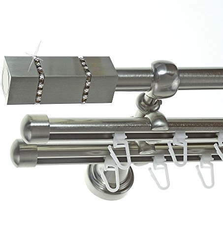 BASIT Rohr + 2X Innenlauf Gardinenstange Wandmontage 3 läufig 200cm lang Edelstahl Look Metall Gardinenstange 3 läufig Wandbefestigung Ø16mm I H14 RII