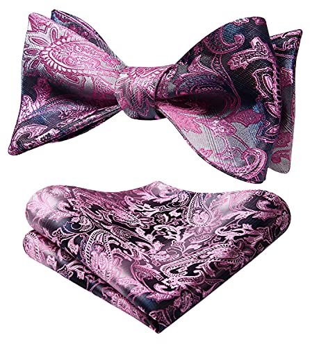 HISDERN Fliege Herren Pink/Grau klassische Paisley Fliege mit Einstecktuch Verstellbare Selbst Herrenfliegen für Bräutigam Hochzeit Party Fasching