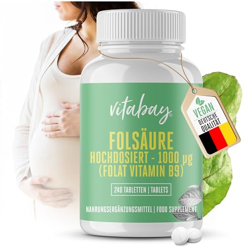 Ácido Fólico Vitabay, 1000 Mcg (240 Tabletas) • Pastillas Ácido Fólico | para la salud • Apoyo del sistema inmune • Vitamina prenatal y durante el embarazo • Calidad alemana