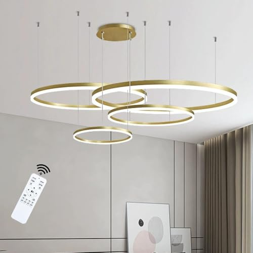 LIUYU LED Pendelleuchte 4 Ringe Gold Dimmbar Höhenverstellbar 20/40/60/80cm | Wohnzimmer Hängelampe, 150cm, 130W, 10400lm, Fernbedienung, 3000K-6500K, Memory-Funktion, LED Hängelampe Ring Esszimmer